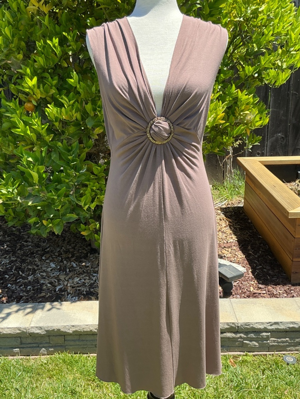 BCBGMAXAZRIA Dress Size Large Sleeveless Gathered Ring Waist Brown Jersey Knit